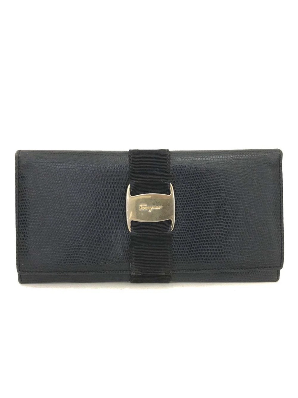 Ferragamo Vintage Black Lizard Embossed Vara Bow Long Wallet👝